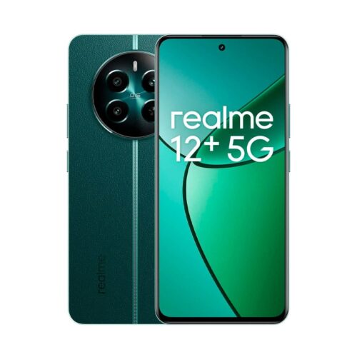 A green Realme 12+ 5G smartphone showcasing its rear camera setup and the 'realme' logo on the back.